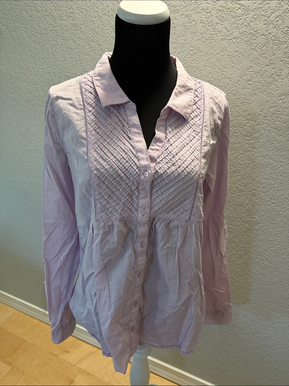 Prana Light Lavender Button-Front Pintuck Blouse